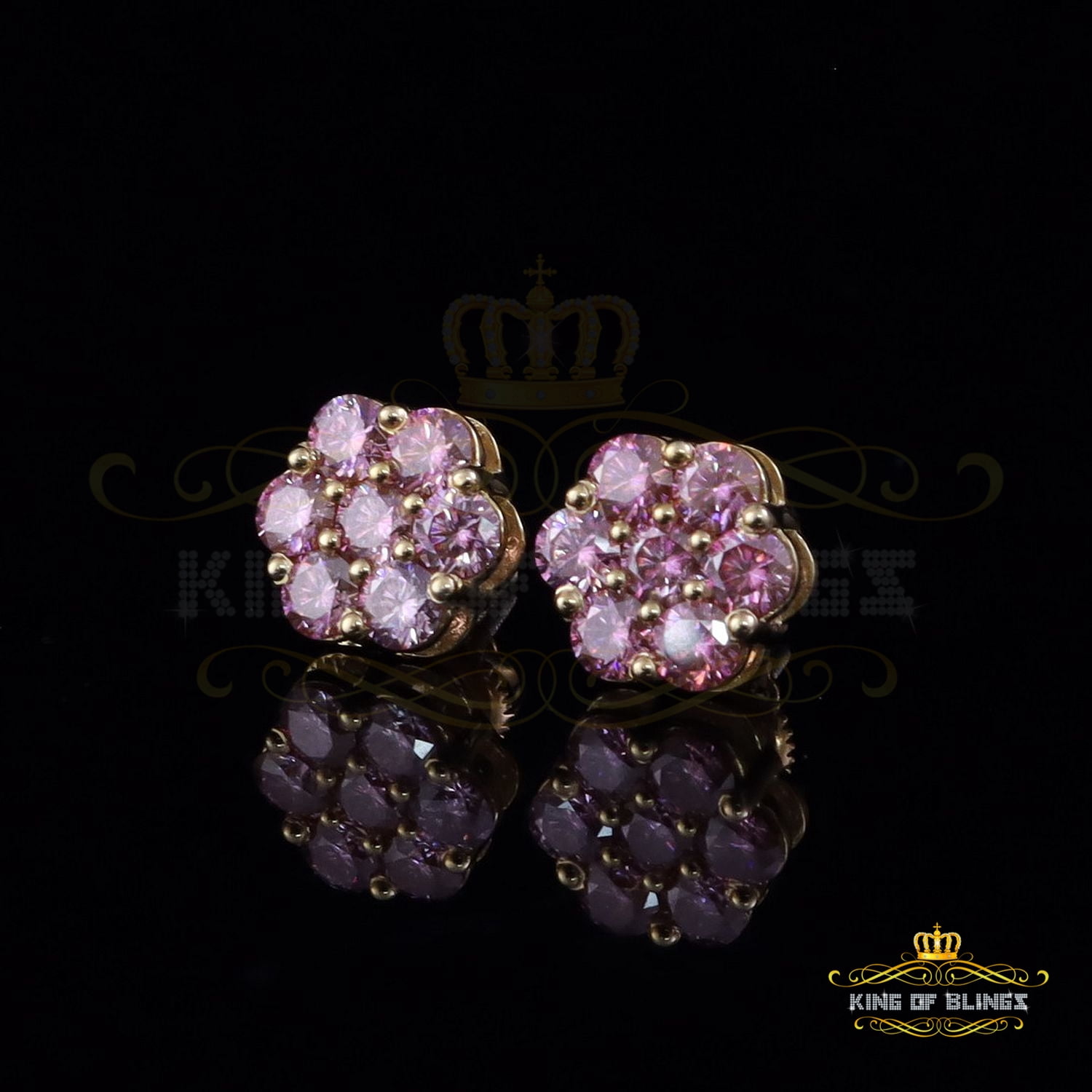 King of Bling's 925 Silver Yellow 2.25ct VVS D Pink Moissanite Floral Mens/Women's Stud Earrings