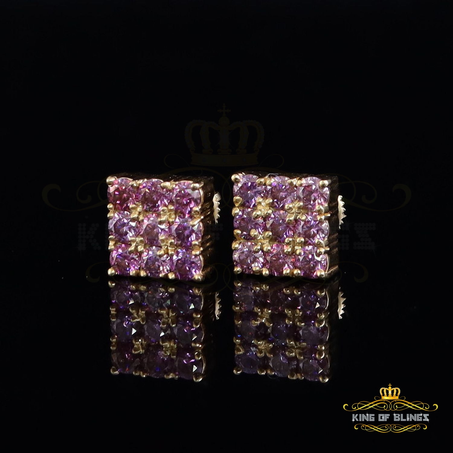 King of Bling's 925 Silver Yellow 2.25ct VVS D Pink Moissanite Men/Women's Square Stud Earrings