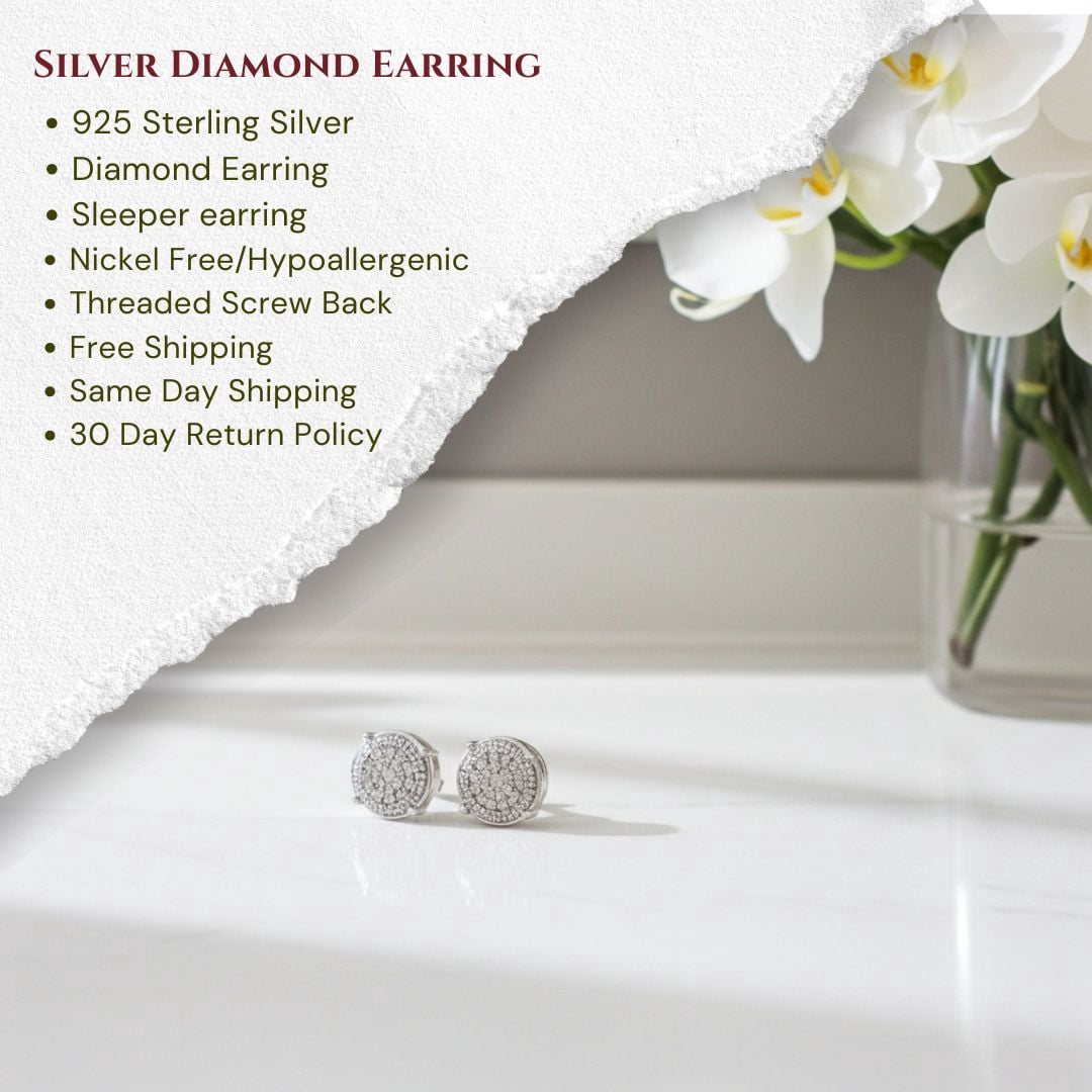 King of Bling's 925 Sterling Silver 0.10ct Diamond For Ladies / Men's White Stud Round Earrings