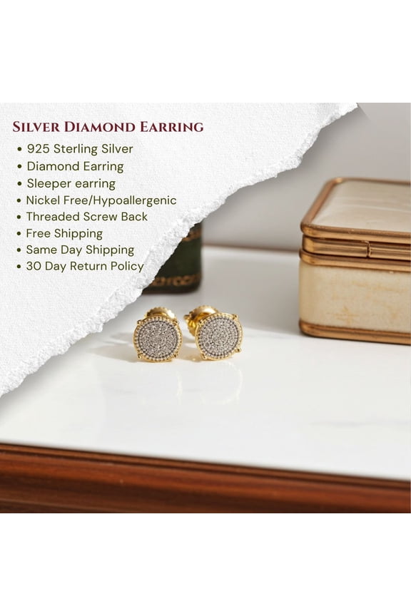 King of Bling's 925 Sterling Silver 0.10ct Real Diamond For Women's/ Men's Yellow Round Earrings