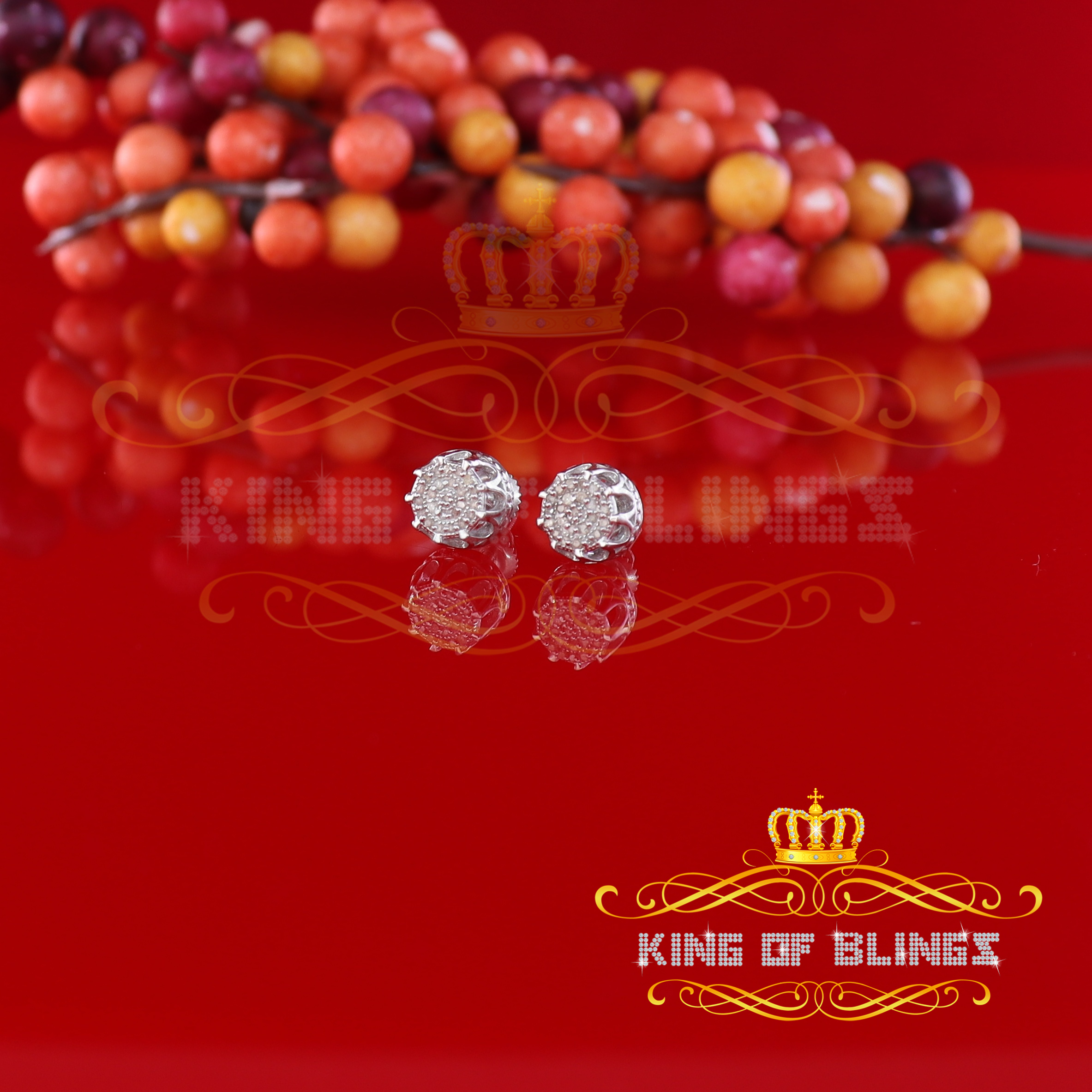King of Bling's 925 Sterling Silver 0.12ct Diamond For Women's/ Men's White Stud Round Earrings