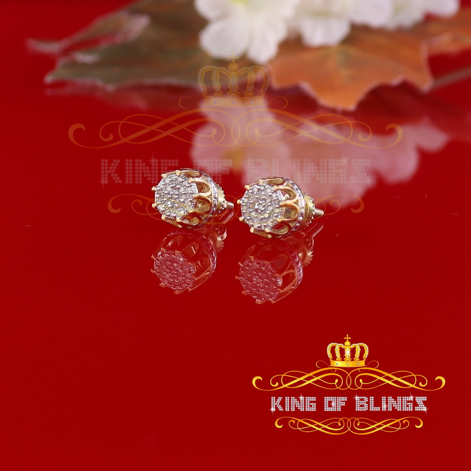 King of Bling's 925 Sterling Silver 0.12ct Diamond For Women's/ Men's Yellow Stud Round Earrings