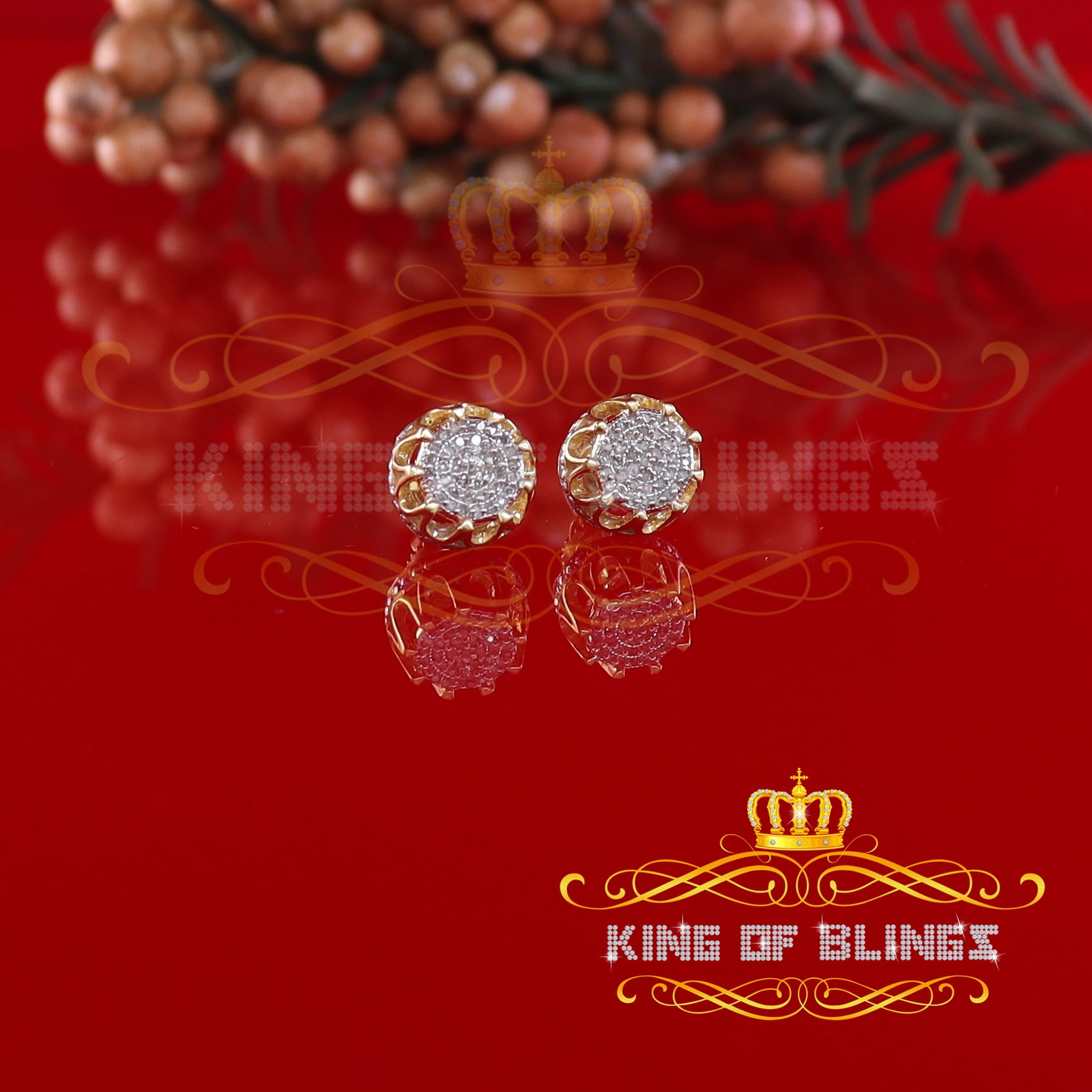 King of Bling's 925 Sterling Silver 0.18ct Diamond For Women's/ Men's Yellow Stud Round Earrings
