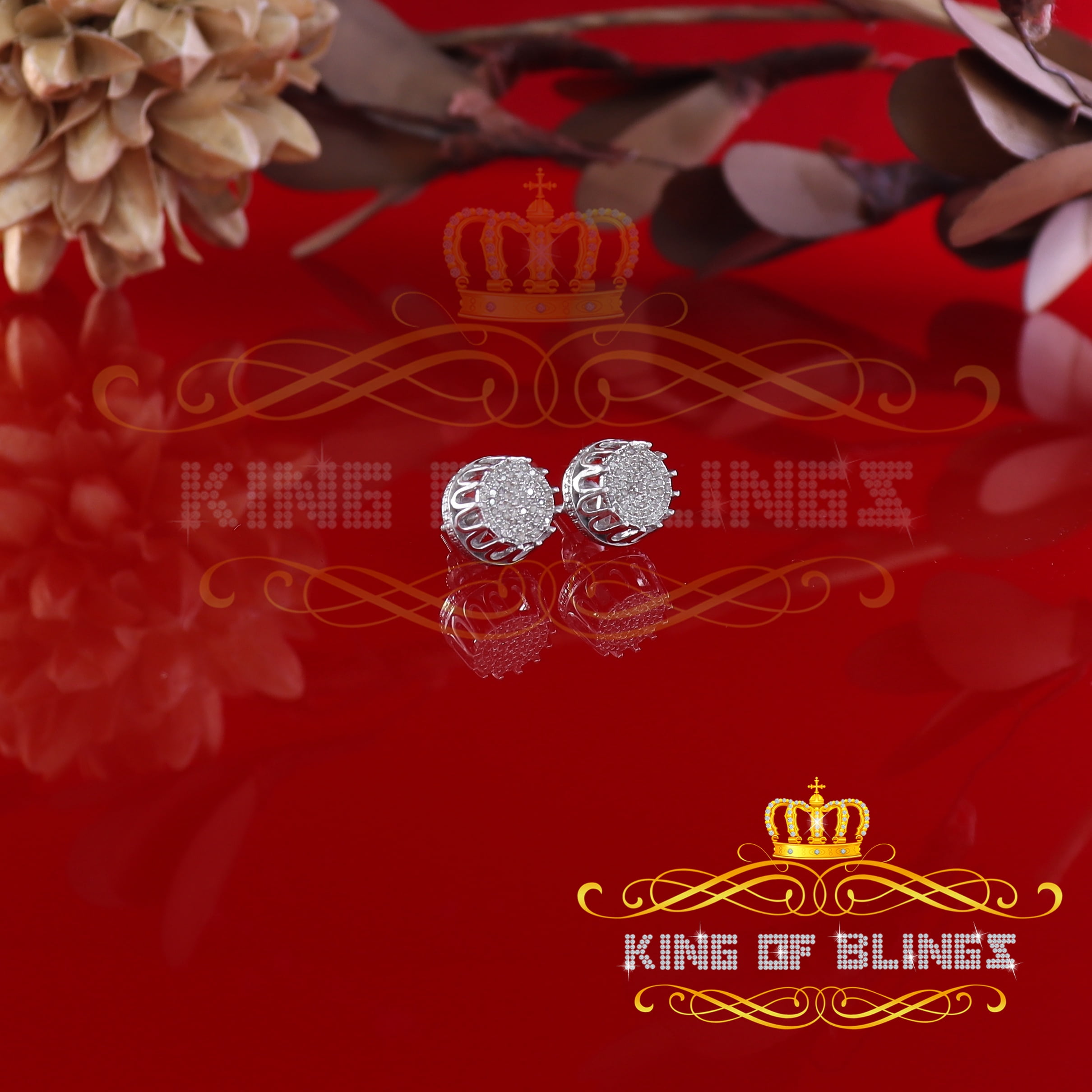King of Bling's 925 Sterling Silver 0.33ct Diamond For Women's/ Men's White Stud Floral Earrings