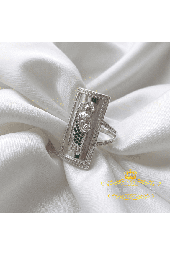 King of Bling's 925 Sterling Silver St. Jude Green CZ White Religious Women's Ring Size 8.5