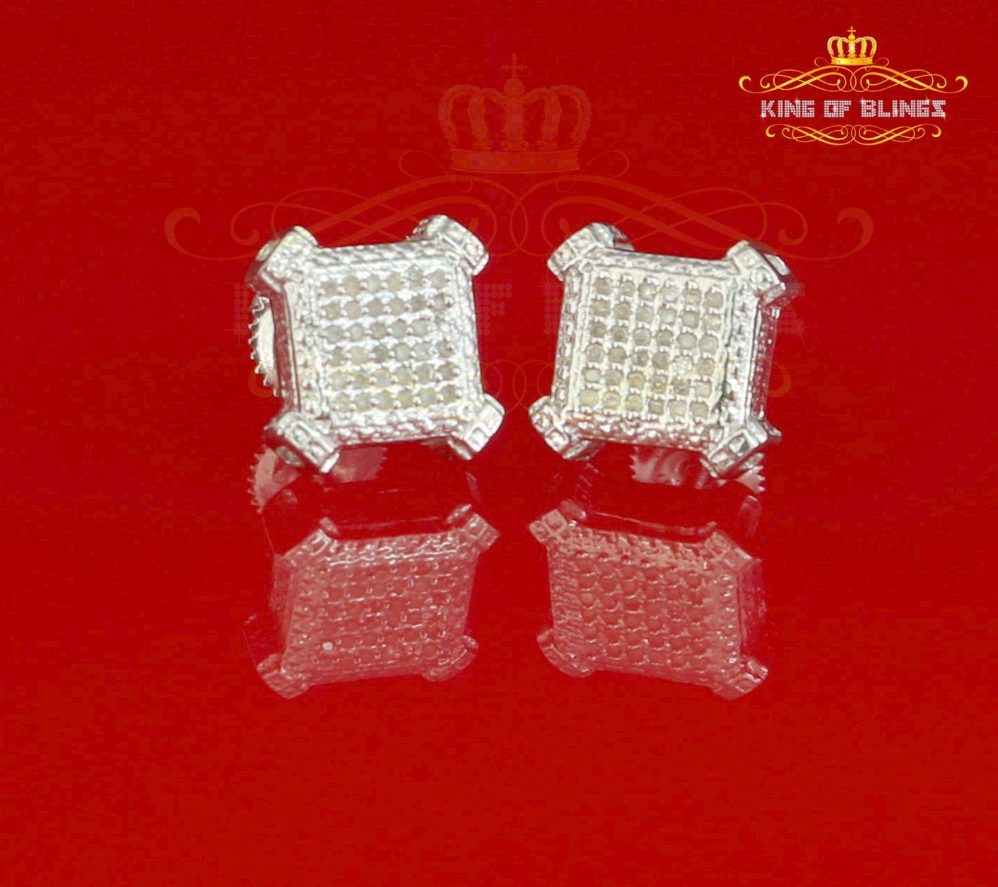 King of Bling's 925 Sterling White Silver 0.20ct Diamond For Women's/ Men's Square Stud Earrings