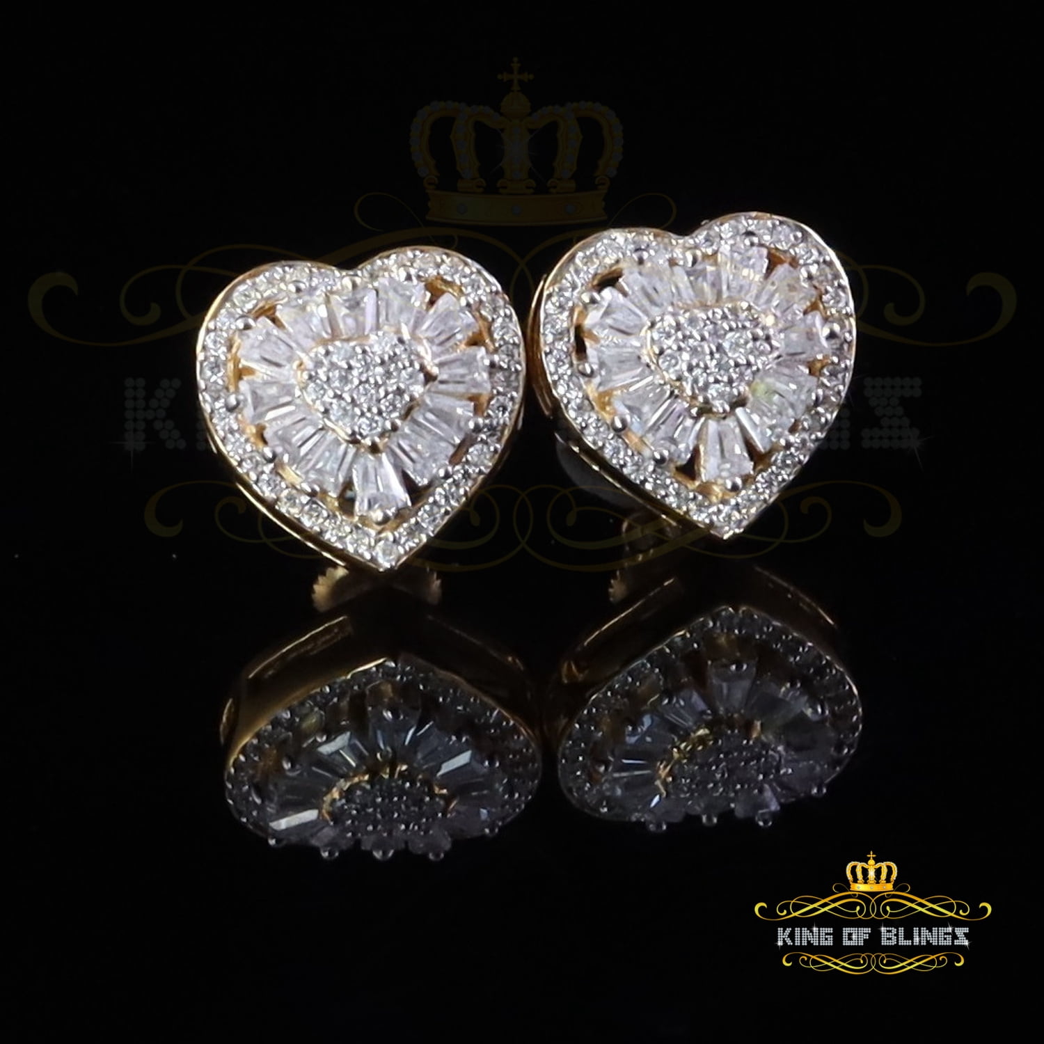 King of Bling's 925 Yellow Silver 1.00ct VVS 'D' Moissanite Heart Stud Earring Men's/Womens
