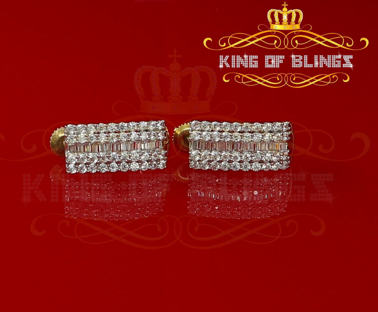 King of Bling's 925 Yellow Silver Stud 5.48ct Cubic Zirconia Baguette Screw Back Women's Earring