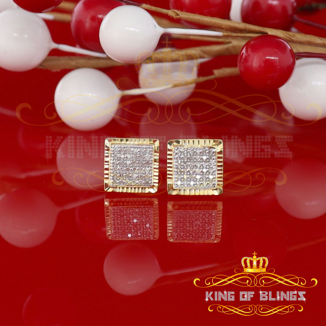 King of Bling's Aretes Para Hombre 925 Yellow Silver 0.20ct Diamond Stud Women's Square Earrings