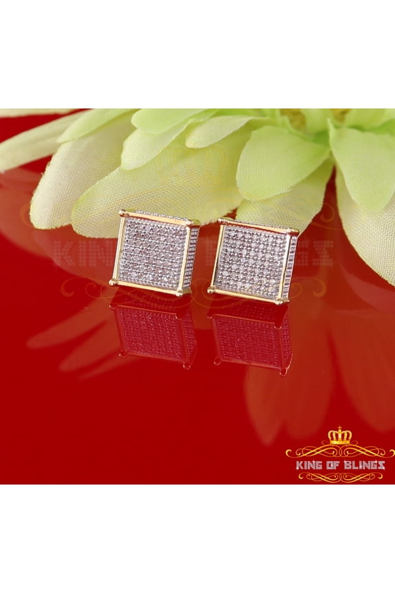 King of Bling's Aretes Para Hombre 925 Yellow Silver 0.33ct Diamond Stud Men's Square Earrings