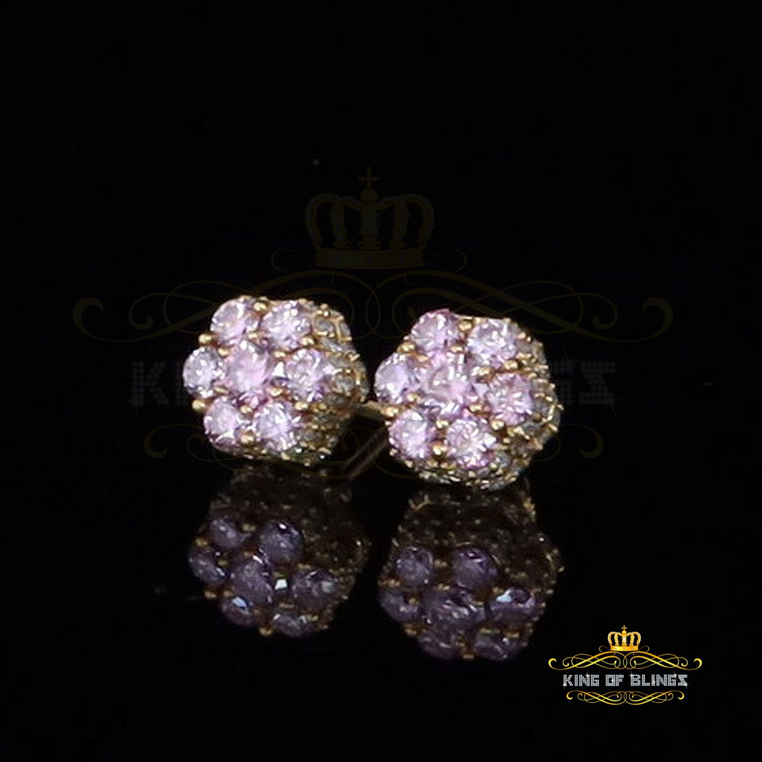 King of Bling's Men/Women's 925 Silver Yellow 2.50ct VVS D Pink Moissanite Floral Stud Earrings