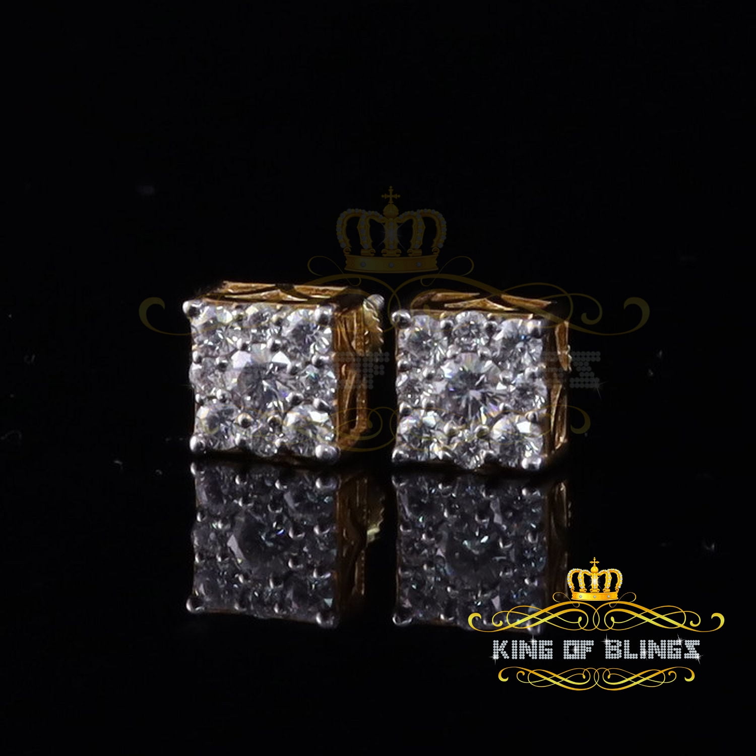 King of Bling's Men's/Women's 0.50ct Square stud Earrings Moissanite 925 Sterling Silver Yellow