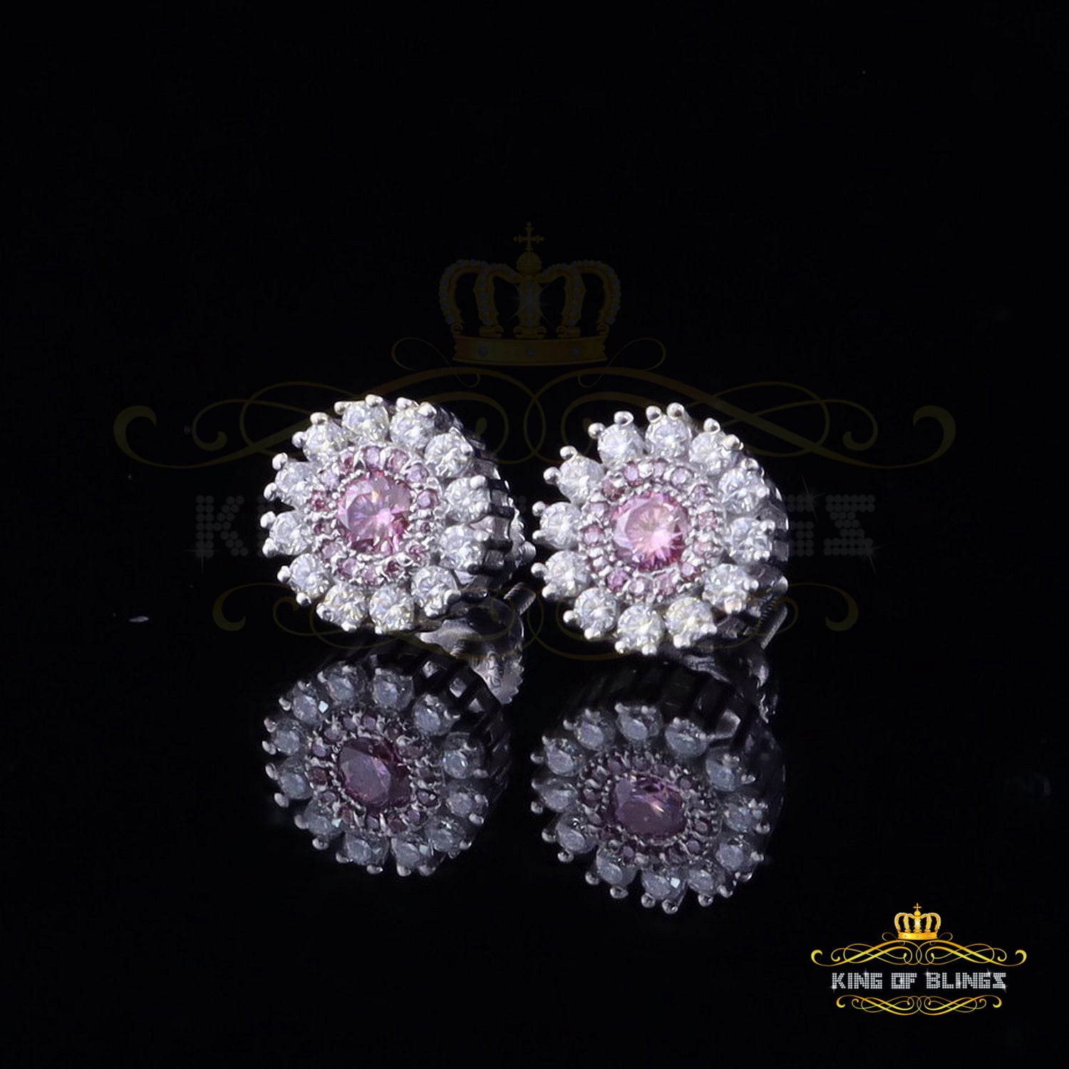King of Bling's Men's/Women's 925 Silver White 1.00ct VVS D Pink Moissanite Round Stud Earrings