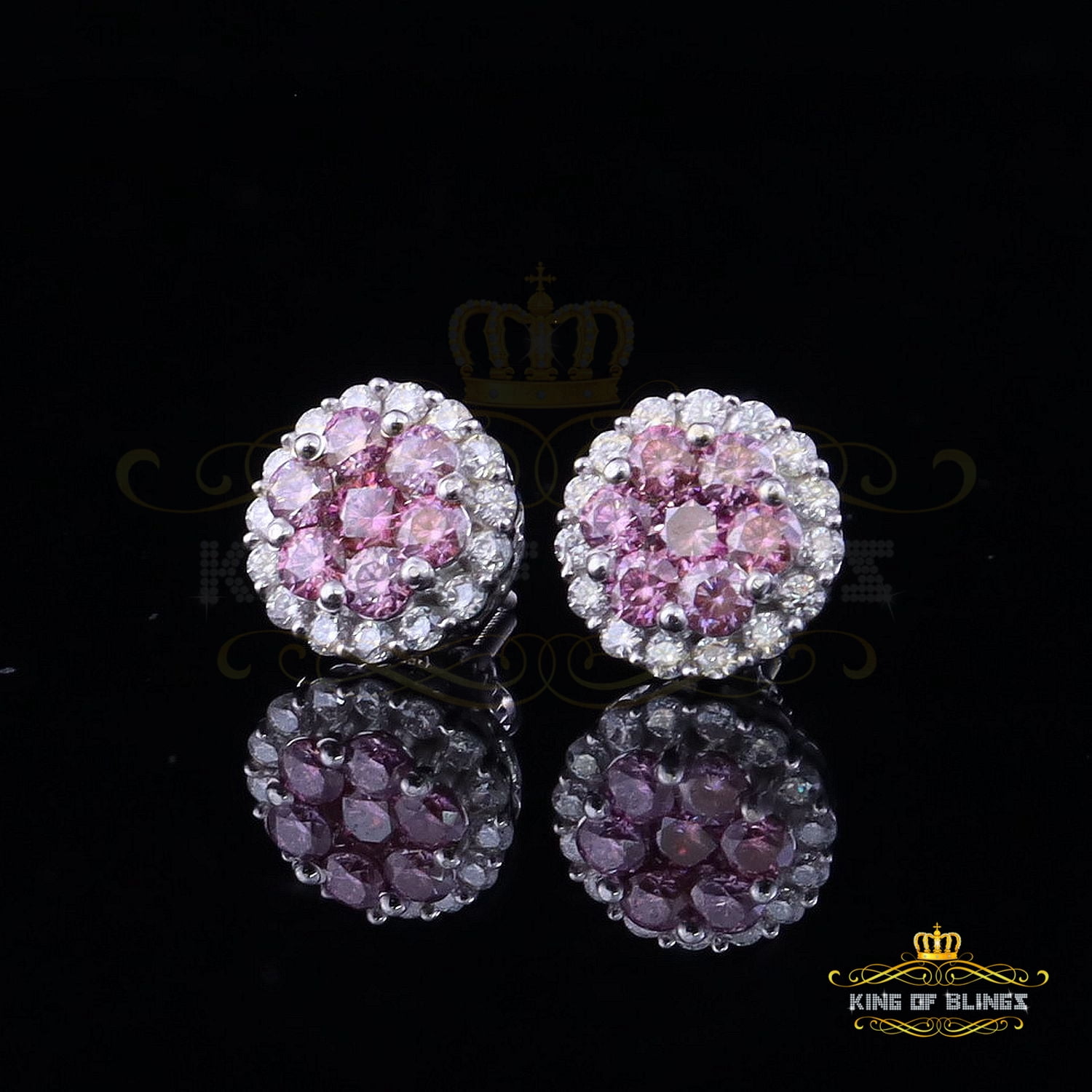 King of Bling's Men's/Women's 925 Silver White 2.00ct VVS D Pink Moissanite Round Stud Earrings