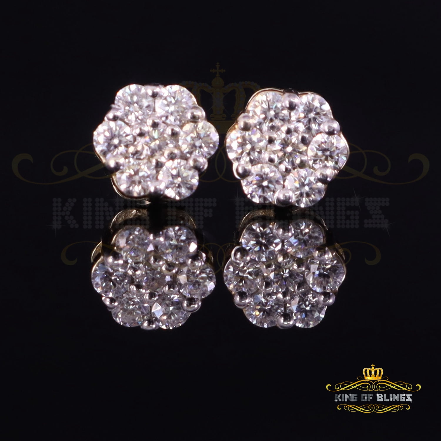 King of Bling's Men's/Women's 925 Silver Yellow 0.25ct VVS 'D' Moissanite 7 Floral Stud Earrings