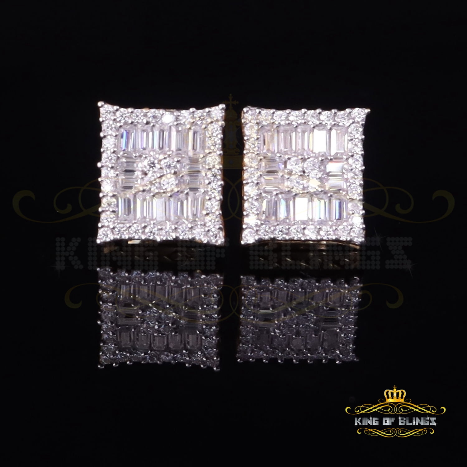 King of Bling's Men's/Women's 925 Silver Yellow 1.00ct VVS 'D' Moissanite Baguette Stud Earrings