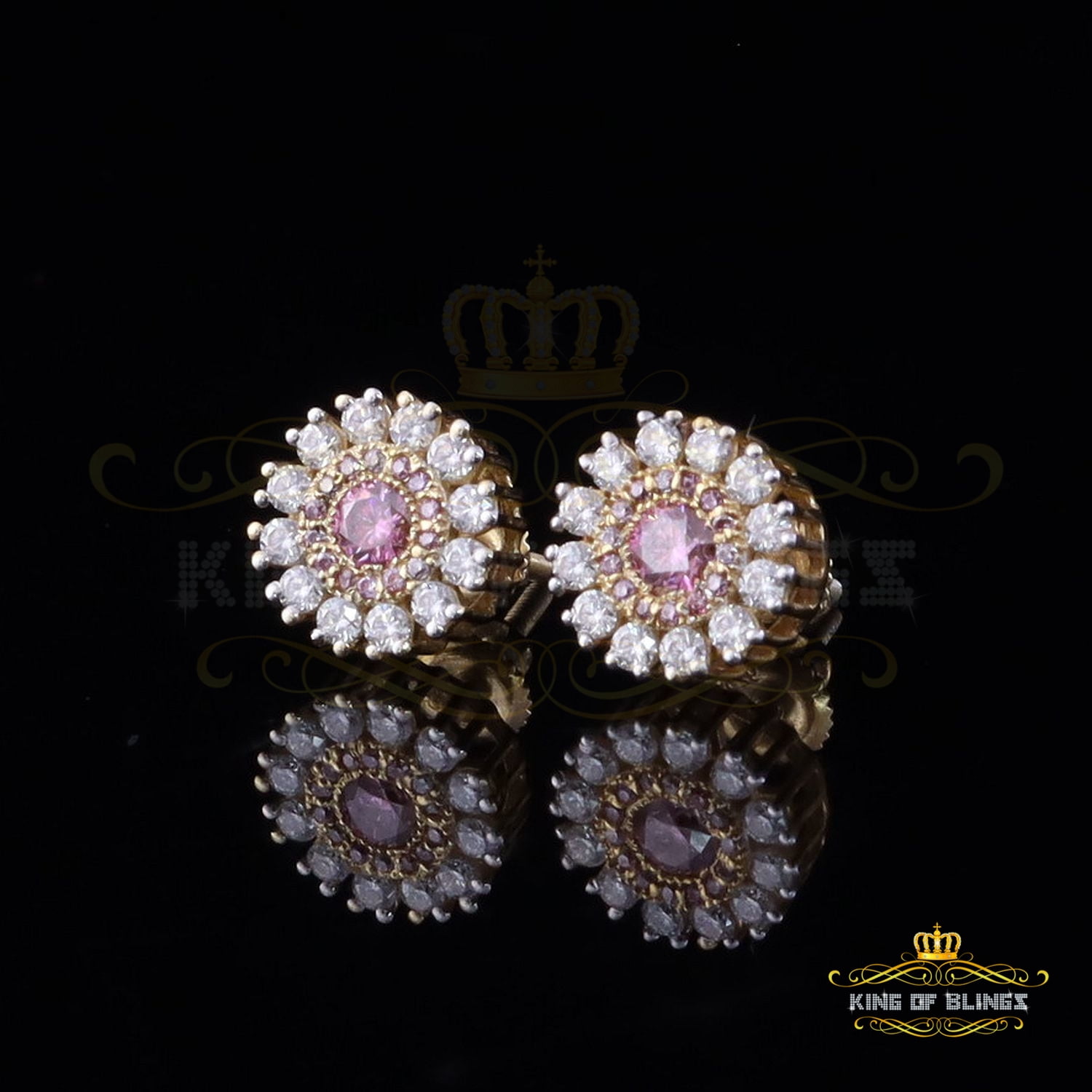 King of Bling's Men's/Women's 925 Silver Yellow 1.00ct VVS D Pink Moissanite Round Stud Earrings
