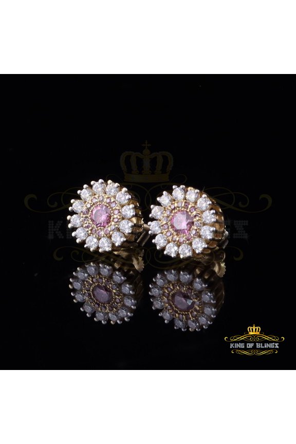 King of Bling's Men's/Women's 925 Silver Yellow 1.00ct VVS D Pink Moissanite Round Stud Earrings