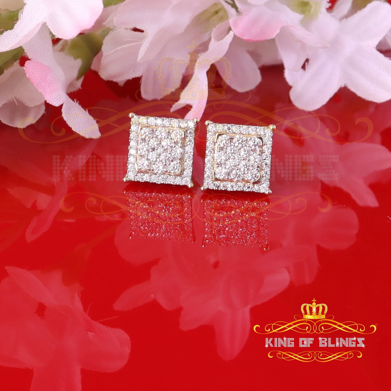 King of Bling's Men's/Women's 925 Silver Yellow 1.25ct VVS 'D' Moissanite Square Stud Earrings