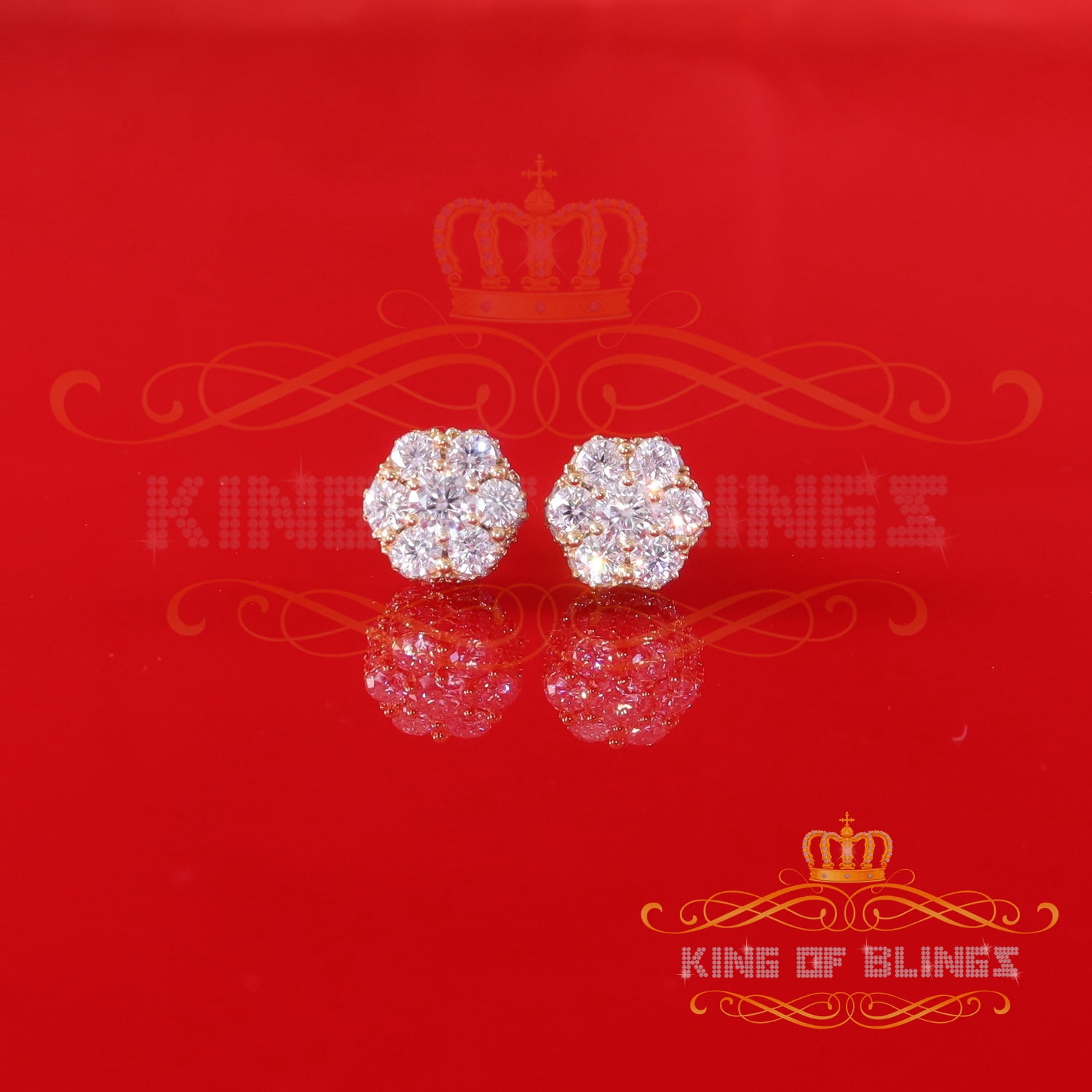 King of Bling's Men's/Women's 925 Silver Yellow 2.00ct VVS 'D' Moissanite 7 Floral Stud Earrings
