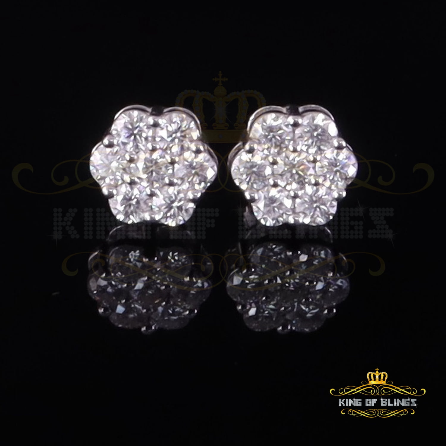 King of Bling's Men's/Womens 925 Silver White 1.00ct VVS 'D' Moissanite Floral Stud Earrings