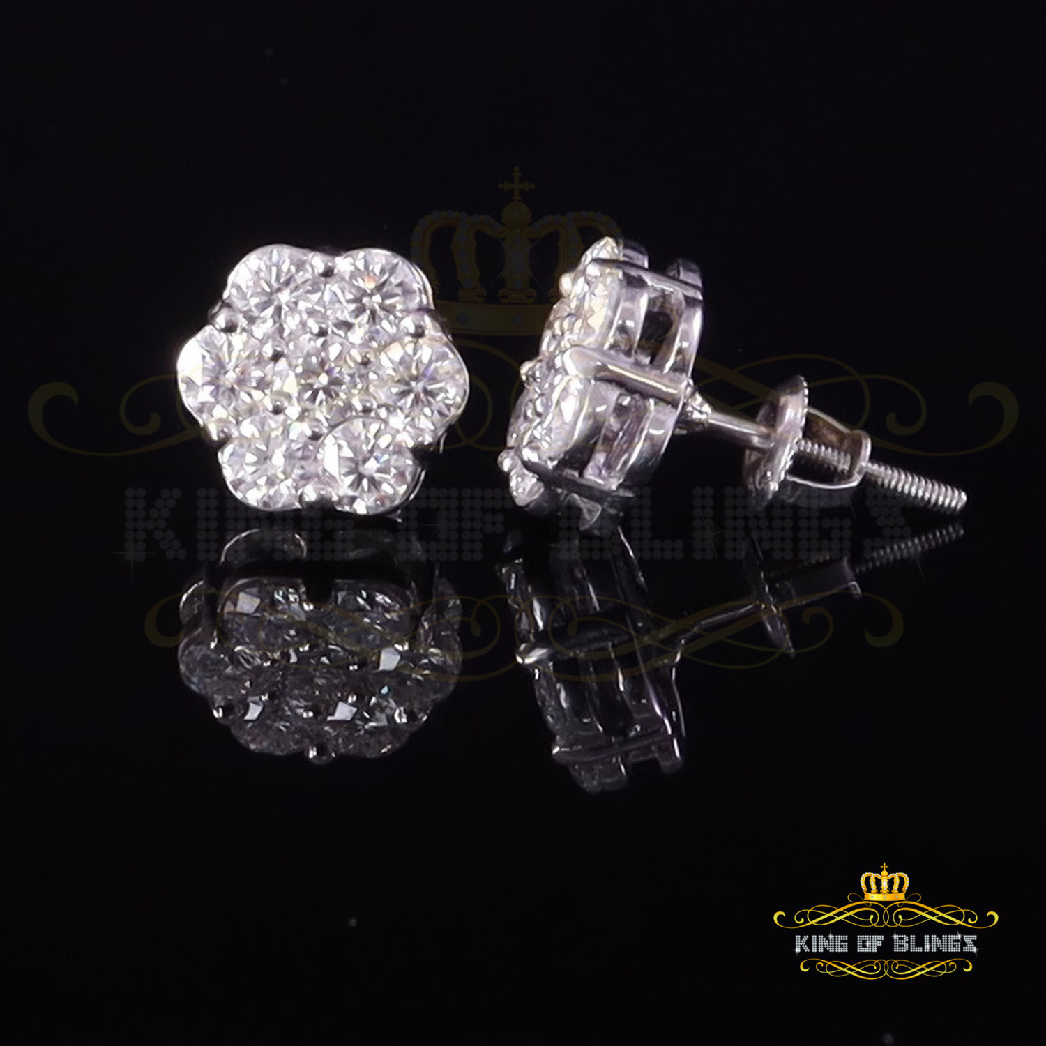 King of Bling's Men's/Womens 925 Silver White 1.66ct VVS 'D' Moissanite Floral Stud Earrings