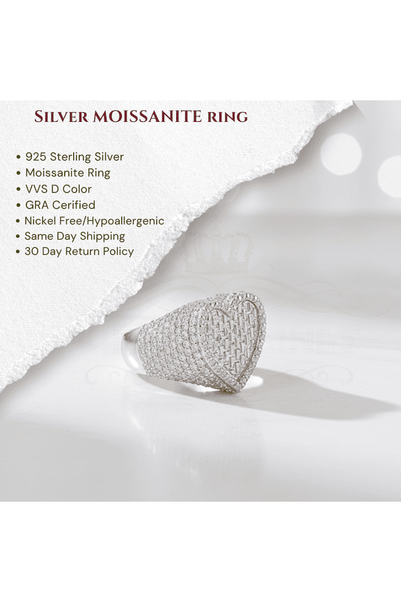 King of Bling's Men's/Womens 925 Silver White 7.00ct VVS 'D' Moissanite Stone Heart Rings SZ 9.5