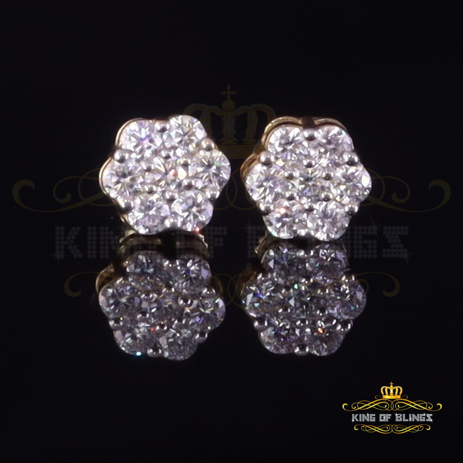 King of Bling's Men's/Womens 925 Silver Yellow 0.50ct VVS 'D' Moissanite Floral Stud Earrings