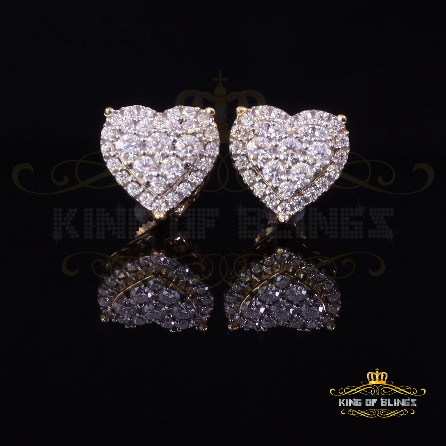King of Bling's Men's/Womens 925 Silver Yellow 1.00ct VVS 'D' Moissanite 3D Heart Stud Earrings
