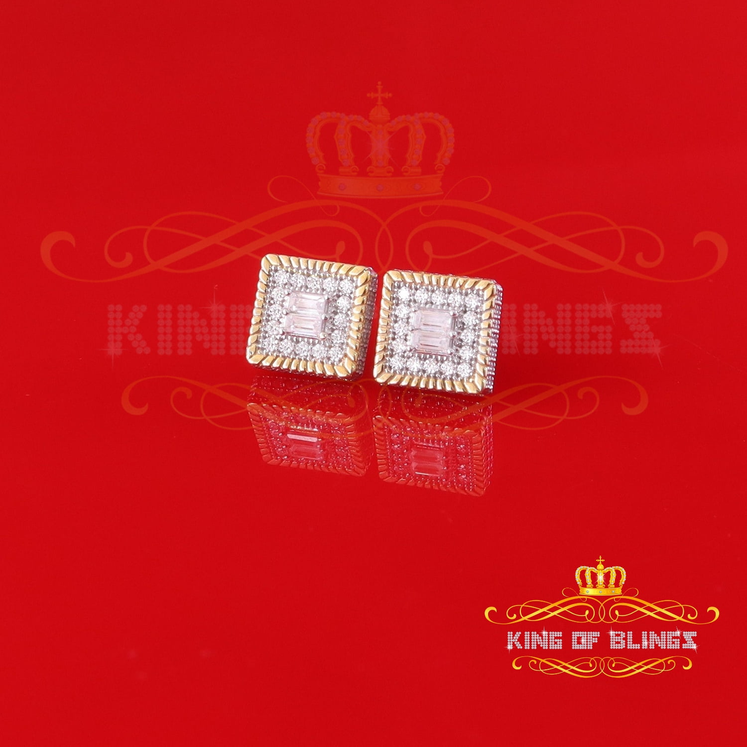 King of Bling's Men's/Womens 925 Silver Yellow 1.00ct VVS 'D' Moissanite 3D Square Stud Earrings