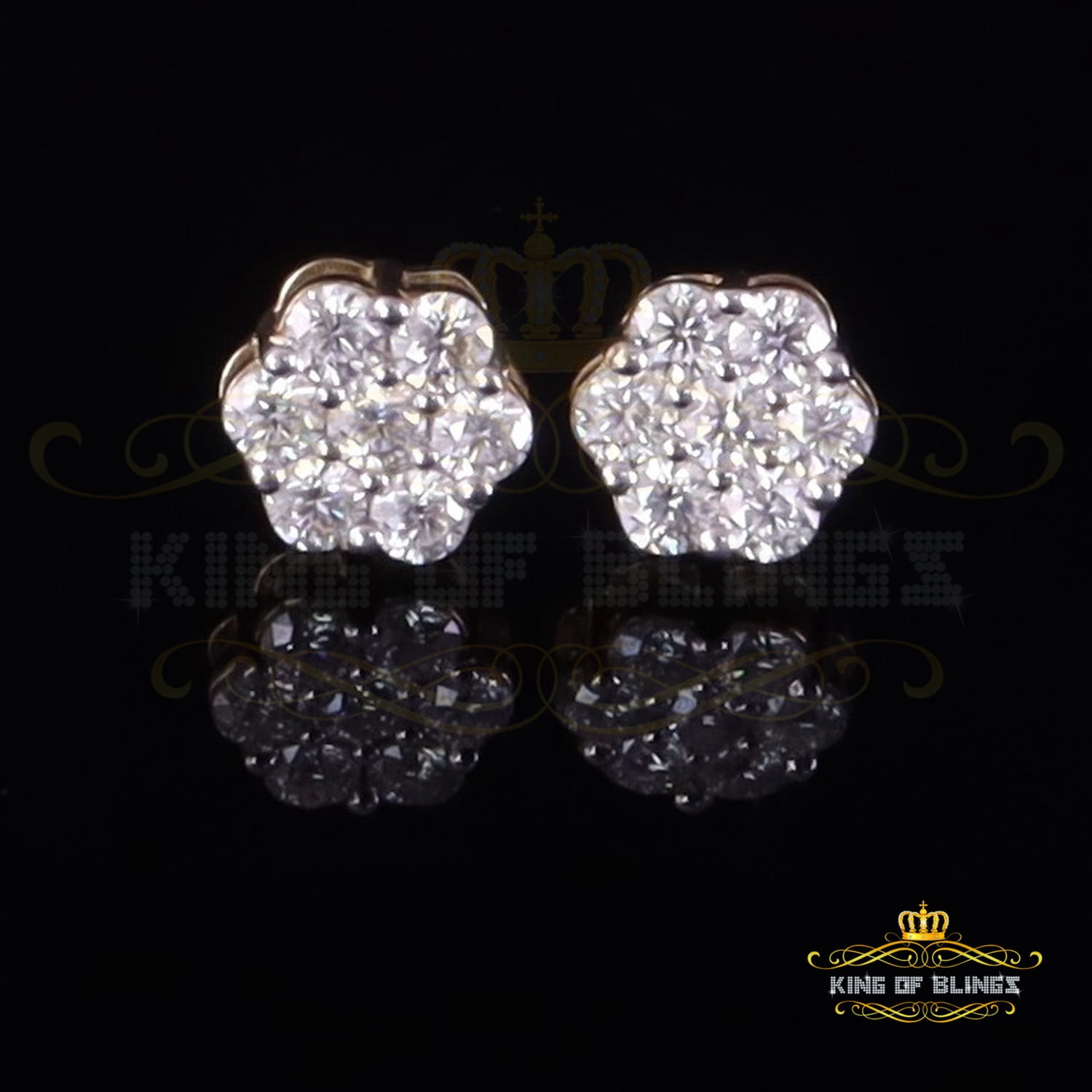 King of Bling's Men's/Womens 925 Silver Yellow 1.00ct VVS 'D' Moissanite Floral Stud Earrings