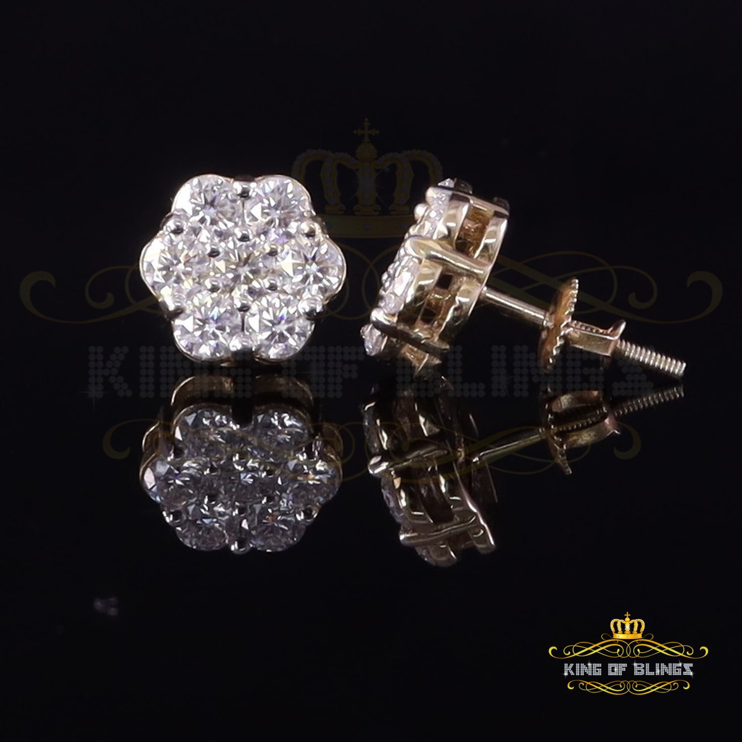 King of Bling's Men's/Womens 925 Silver Yellow 1.66ct VVS 'D' Moissanite Floral Stud Earrings