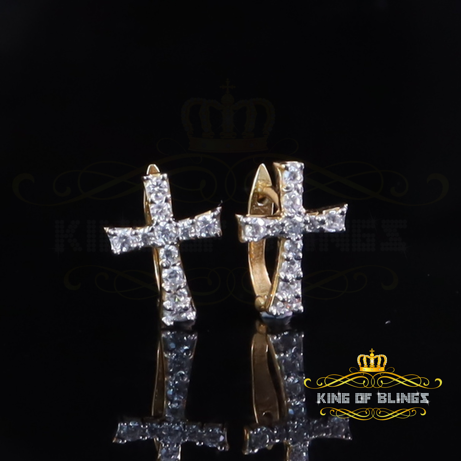 King of Bling's Moissanite 925 Silver Round Yellow Hip Hop Cross Stud Earring Men's/Women's