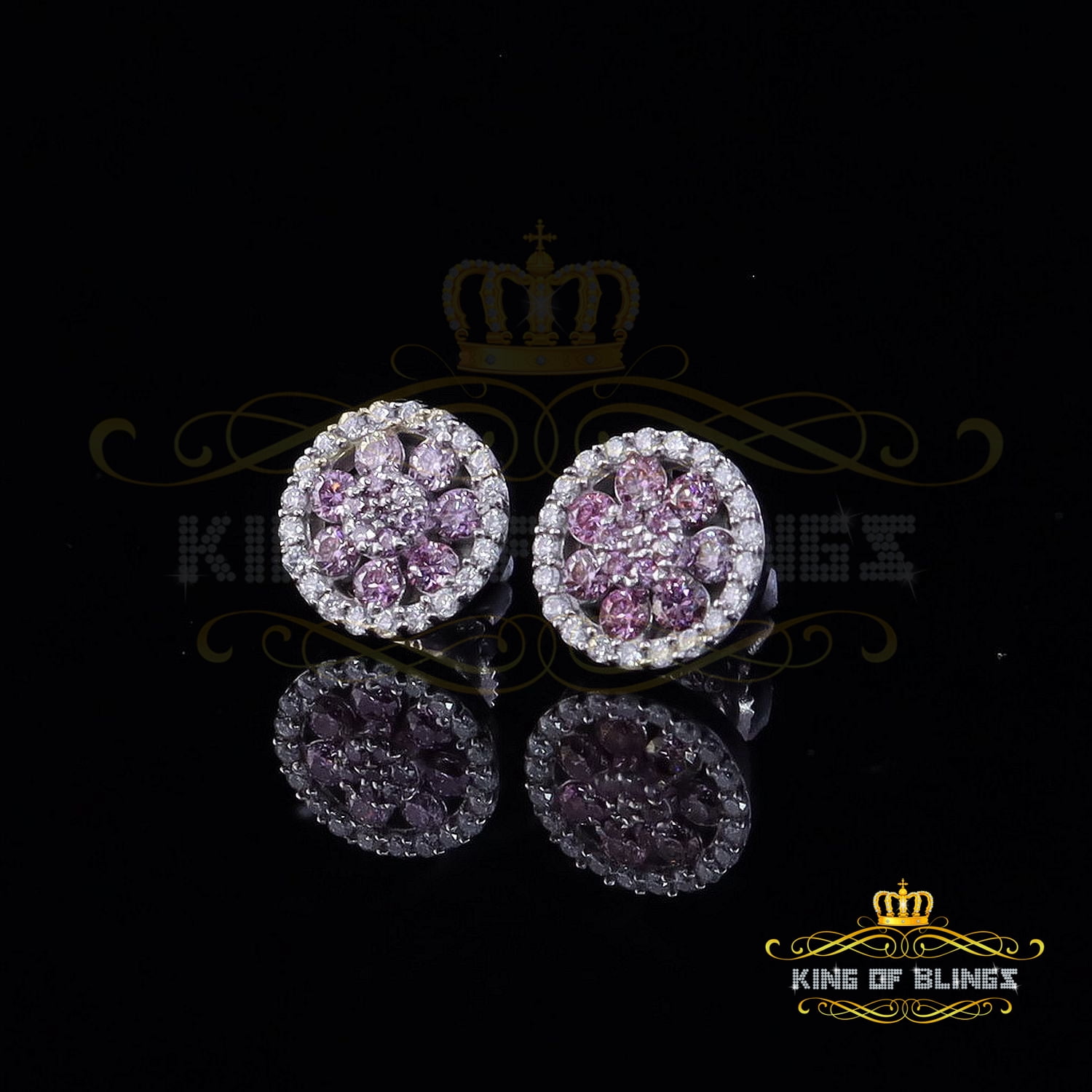 King of Bling's New 925 Silver White 0.66ct VVS 'D' Pink Moissanite Round Women's Stud Earrings