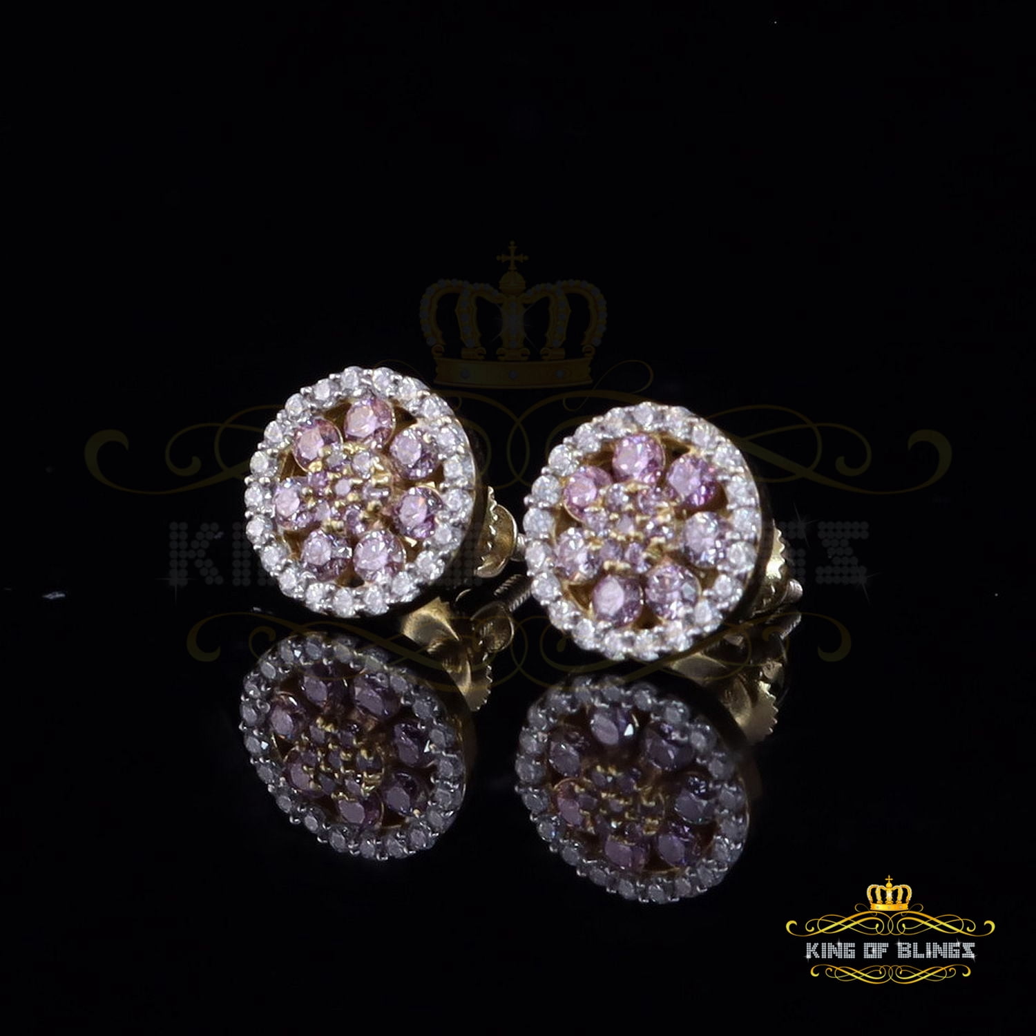 King of Bling's New 925 Silver Yellow 0.66ct VVS D Pink Moissanite Round Women's Stud Earrings