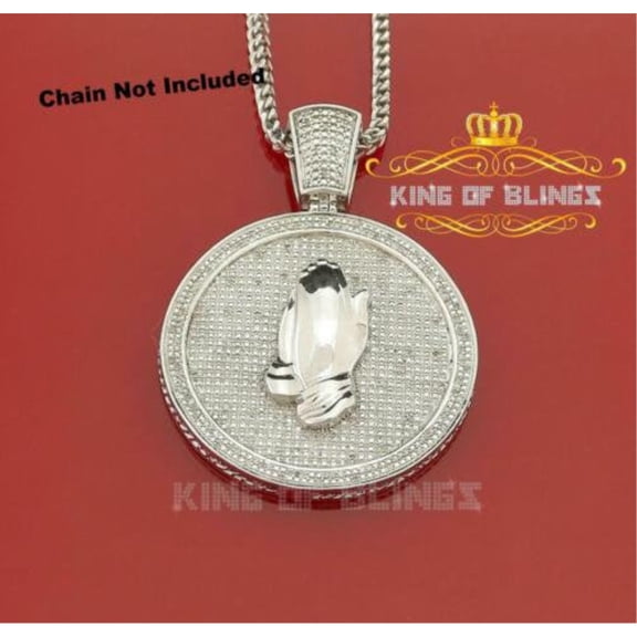 King of Bling's Real 0.50ct Diamond Sterling Silver PRAYING HANDS CIRCLE Necklace Pendant White