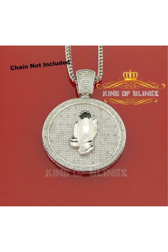 King of Bling's Real 0.50ct Diamond Sterling Silver PRAYING HANDS CIRCLE Necklace Pendant White