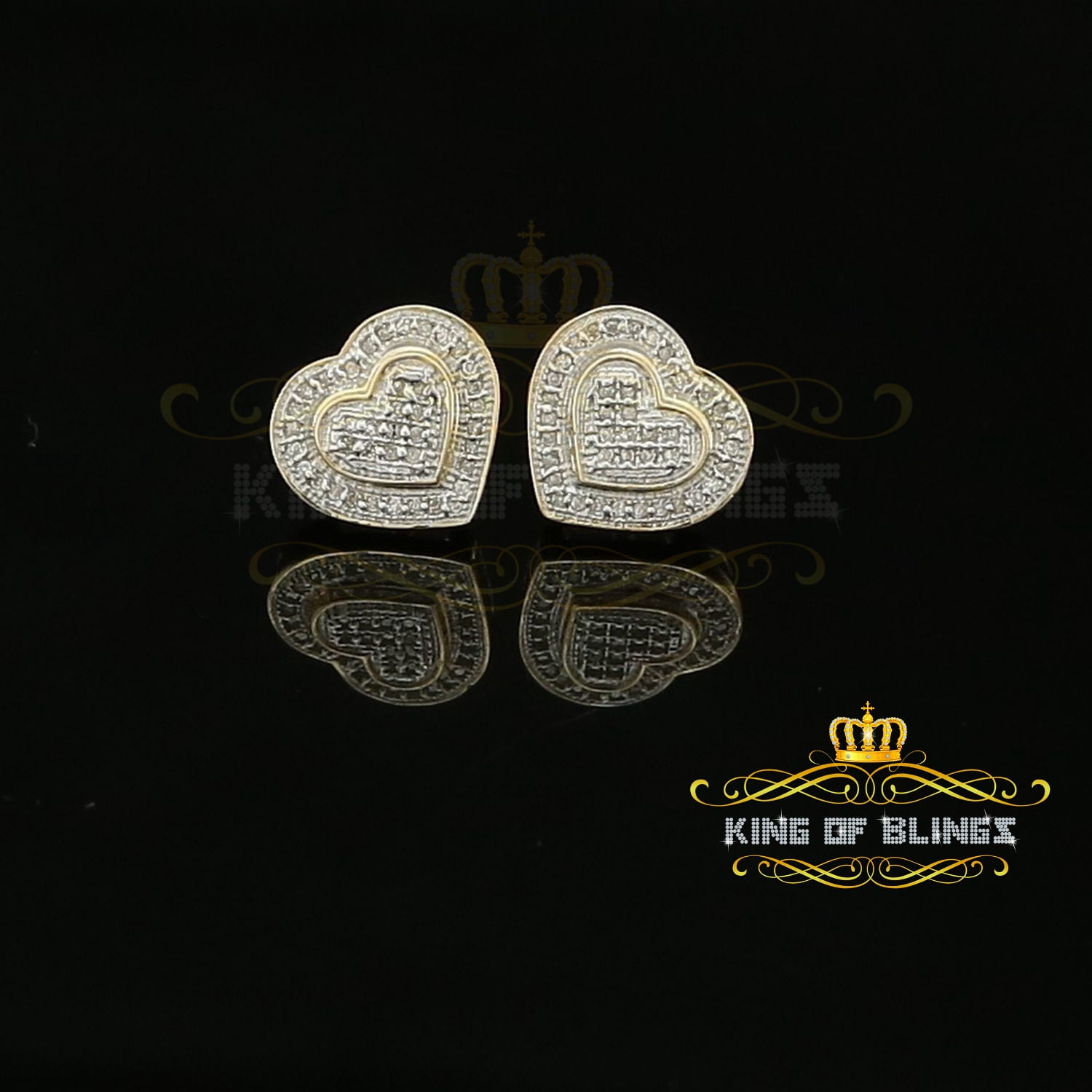 King of Bling's Real 10K Yellow Gold Heart Stud Earring with 0.25CT Diamond For Women And Men