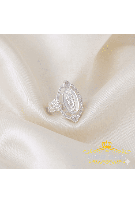 King of Bling's White 925 Silver Saint Jude Thaddeus CZ Women's Medallion Religious Ring SZ 6