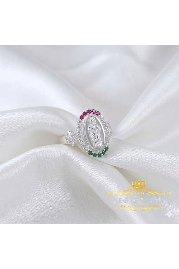 King of Bling's White 925 Silver Saint Jude Thaddeus Pink & Green stone Women Religious Ring SZ7