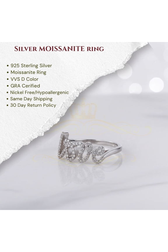 King of Bling's White 925 Sterling Silver 0.33ct VVS 'D' Moissanite 'Love' Rings SZ 7 for Women