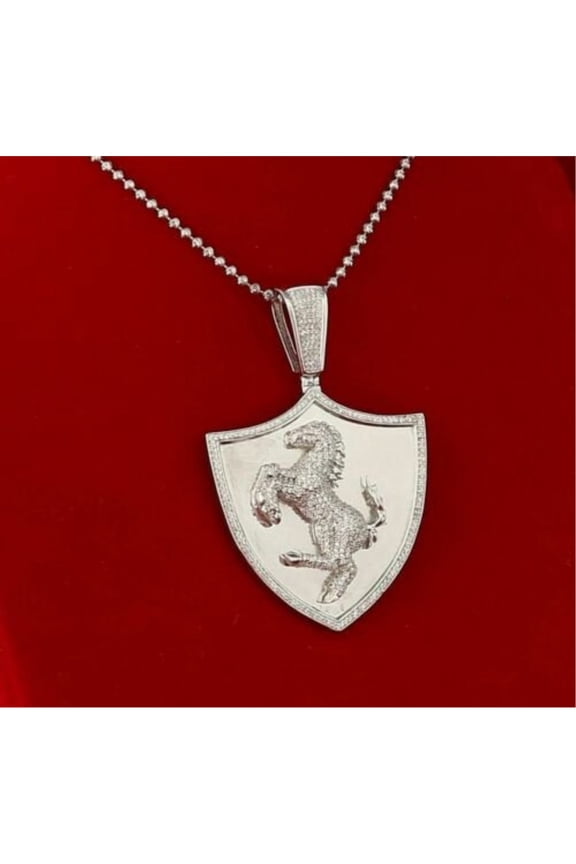 King of Bling's White 925 Sterling Silver Horse Shield Shape Pendant with 4.44ct Cubic Zirconia