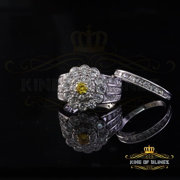 King of Bling's White Silver 7.50ct CZ Flower 7 stone Double Halo Bridal Women's Ring Size 7