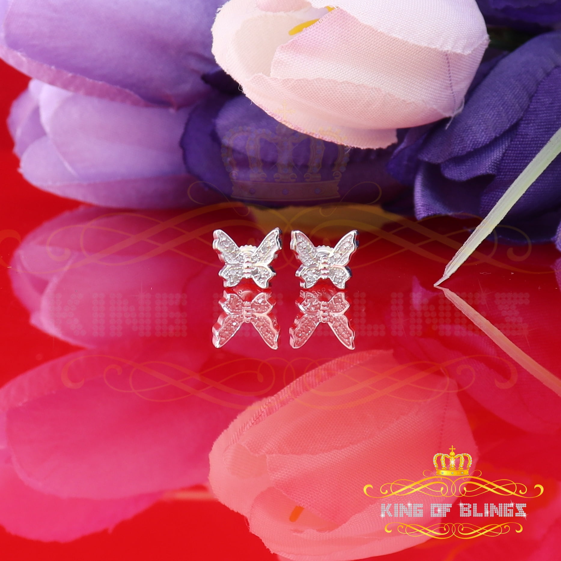 King of Bling's Women's 0.10ct Real Diamond Butterfly Stud Earrings White 925 Sterling Silver