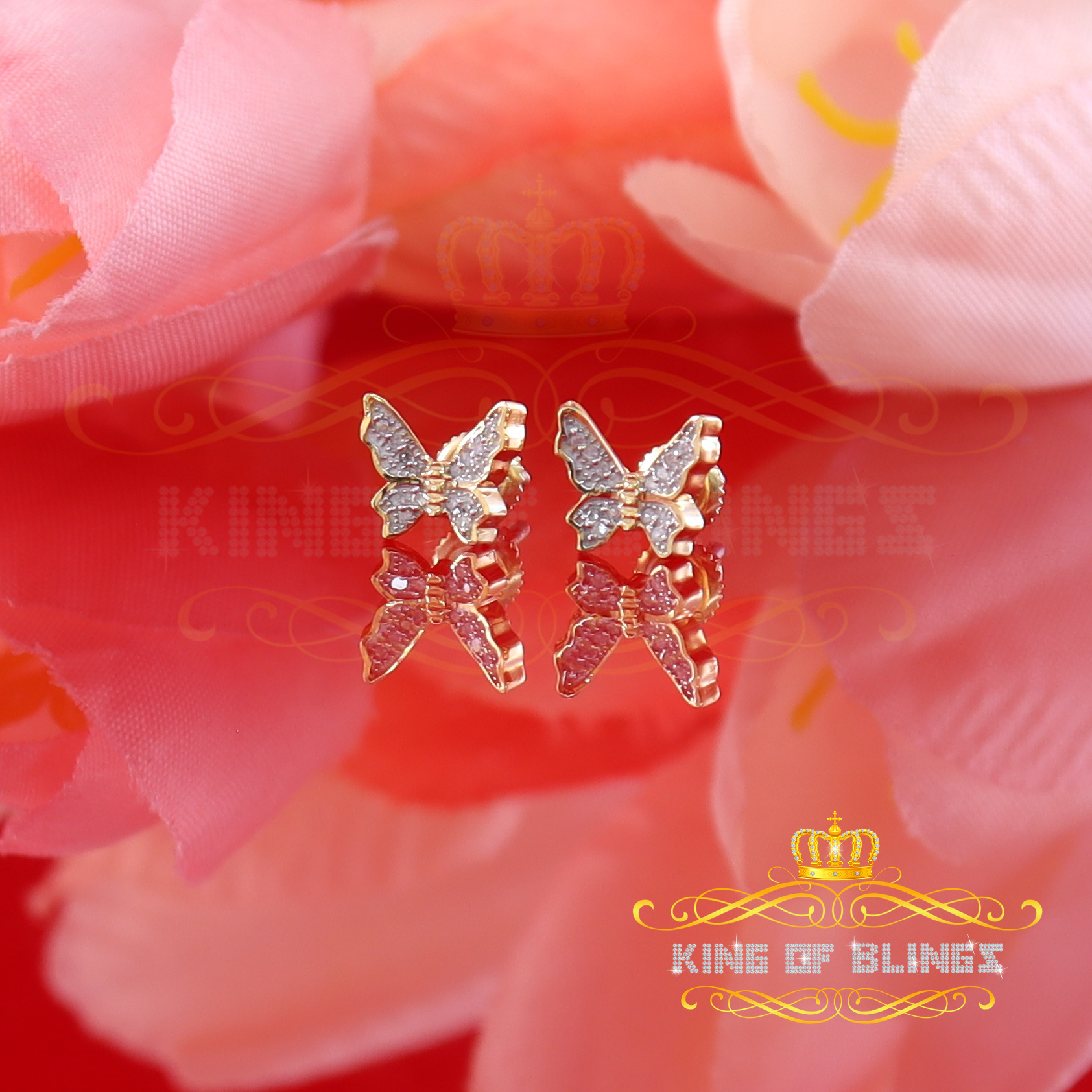King of Bling's Women's 0.10ct Real Diamond Butterfly Stud Earrings Yellow 925 Sterling Silver