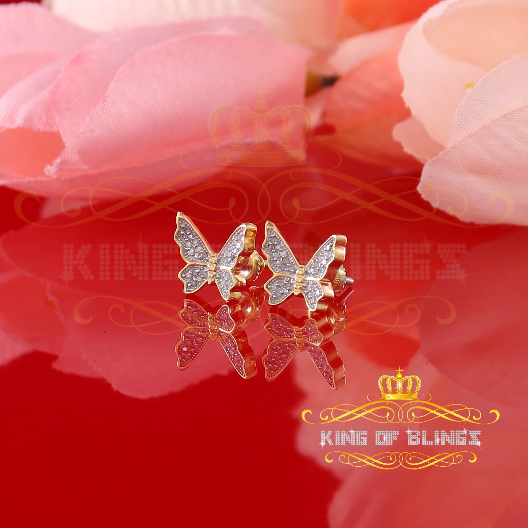 King of Bling's Women's 0.15ct Real Diamond Butterfly Stud Earrings Yellow 925 Sterling Silver