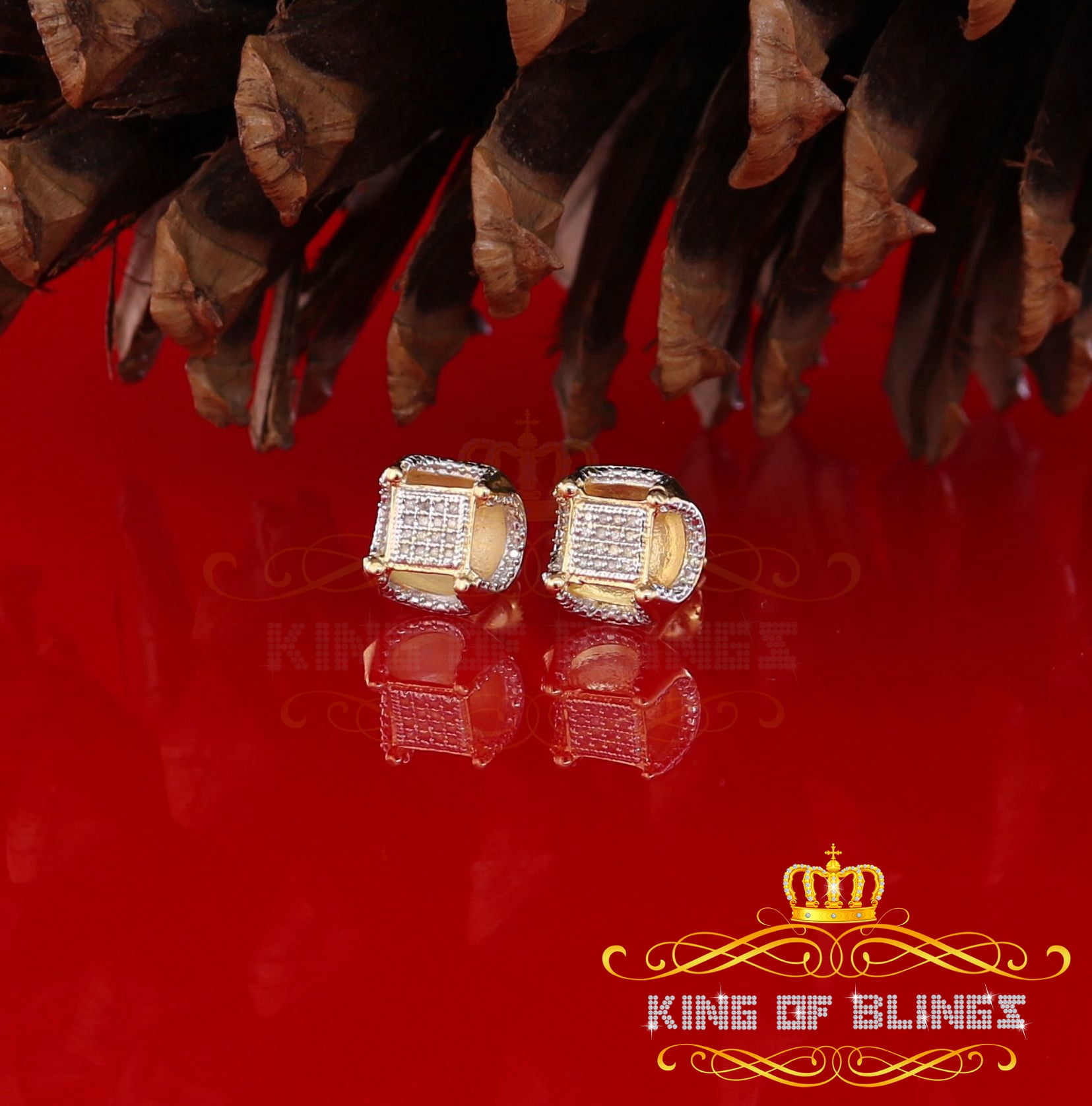 King of Bling's Women's 925 Yellow Sterling Silver 0.15ct Diamond Square Stud Men's Earrings