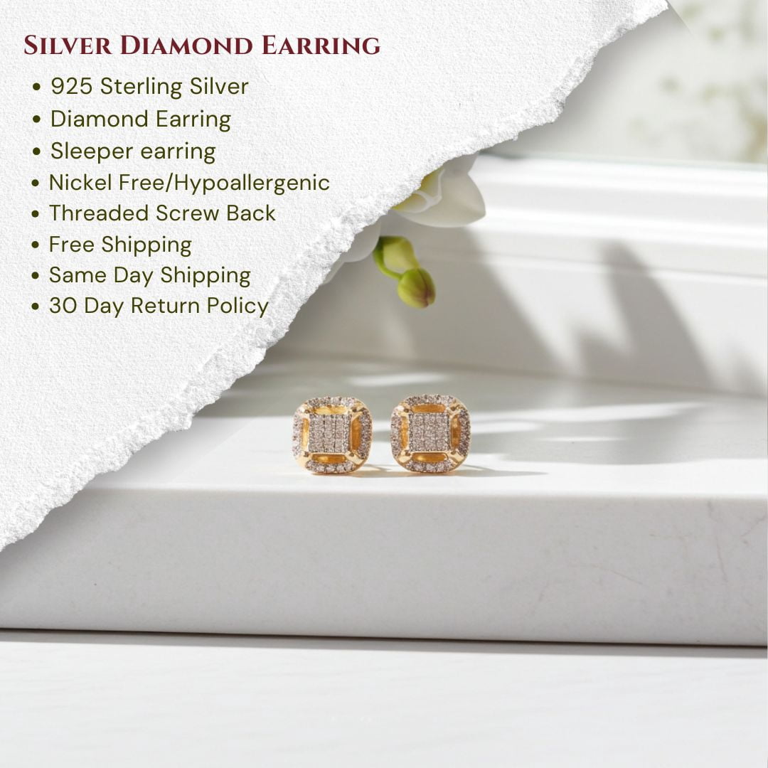 King of Bling's Women's Stud In 925 Yellow Sterling Silver 0.05ct Diamond Stud Men's Earrings