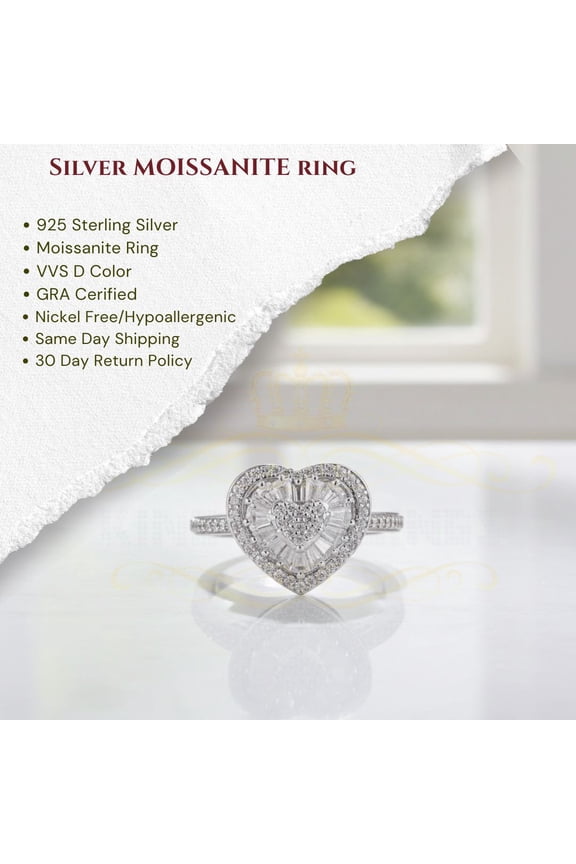 King of Bling's Womens 925 Sterling Silver White 1.00ct VVS 'D' Moissanite Heart Rings Size 7