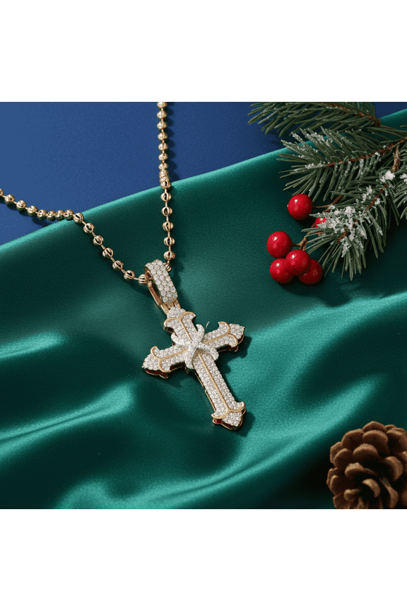 King of Bling's Yellow Silver 1.50ct VVS D Clr. Moissanite Cross Floury Pendant Men's / Women's